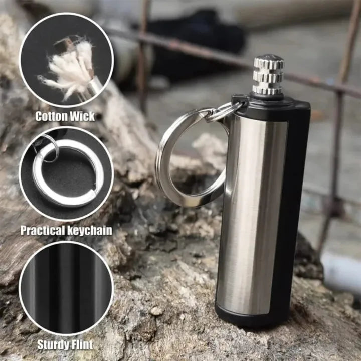 Survival Flint Fire Starter Keychain Lighter – Portable Flint Match Lighter, Windproof & Waterproof for Camping & Hiking – Kerosene Refillable Fire Starter Lighter