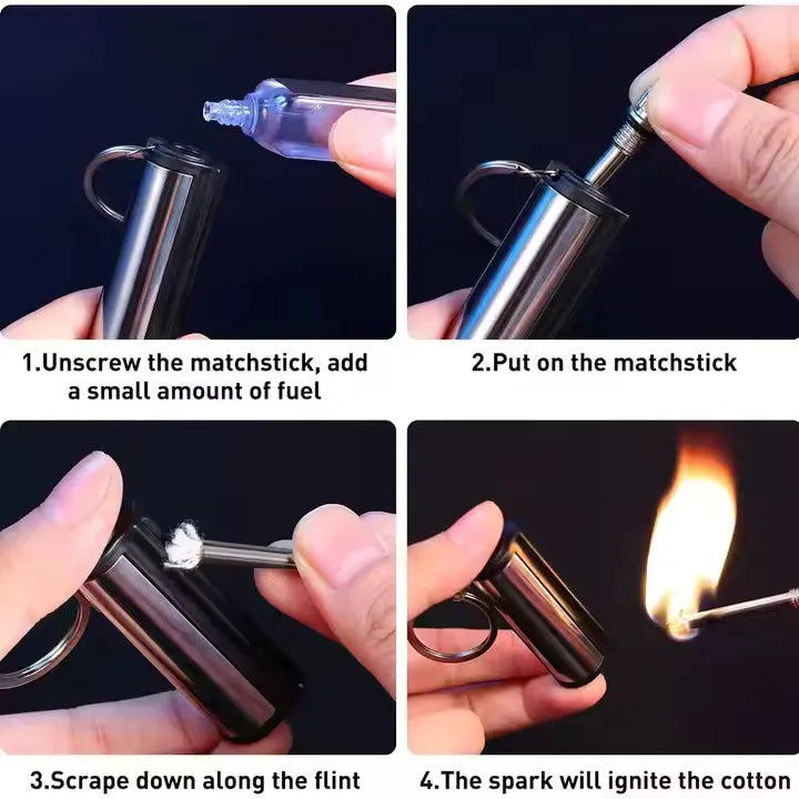 Survival Flint Fire Starter Keychain Lighter – Portable Flint Match Lighter, Windproof & Waterproof for Camping & Hiking – Kerosene Refillable Fire Starter Lighter
